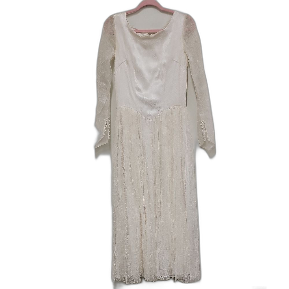 Vintage America Cream Sheer Lace Long Sleeve Maxi Dress Wedding Guest Size S